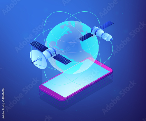 Communication satellites moving on orbit over smartphone. Global web connection, global network communication, satellite navigation system concept. Ultraviolet neon vector isometric 3D illustration.
