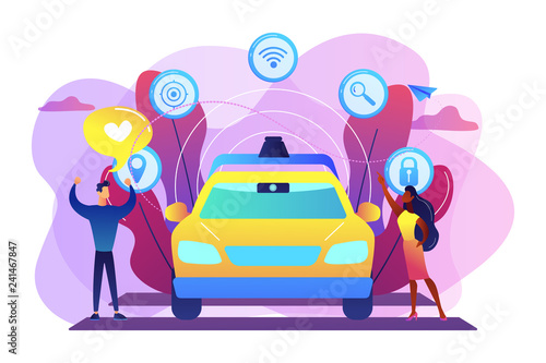 Businessman likes autonomous driverless car with smart technology icons. Autonomous driving, self-driving car, future transport system concept. Bright vibrant violet vector isolated illustration