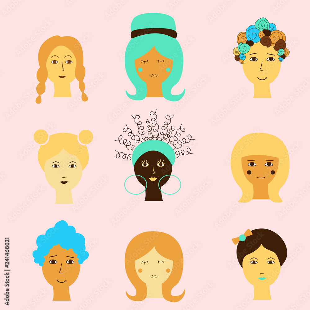 Cute drawing of cartoom women faces. Trendy characters, Art can be used for congratulations on women's day. Women international and interracial faces. Cute drawing of cartoom women faces. Trendy characters, Art can be used for congratulations on women's day. Women international and interracial faces.