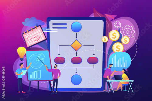 Businessmen work with improvement diagrams and charts. Business process management, business process visualization, IT business analysis concept. Bright vibrant violet vector isolated illustration