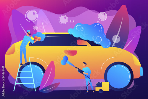 Car wash employees washing the exterior of the car with equipment and foam. Car wash service, vehicle cleaning market, carwash self-serve concept. Bright vibrant violet vector isolated illustration