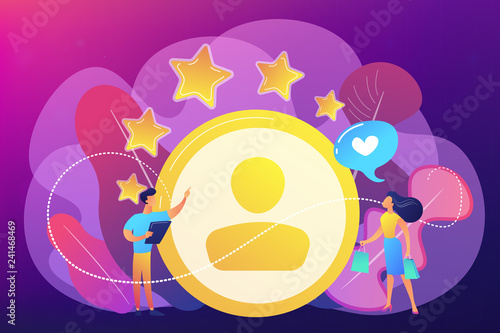 Marketer measuring customer satisfaction and rating stars. Satisfaction and loyalty analysis, customer retention increasing, marketing tools concept. Bright vibrant violet vector isolated illustration
