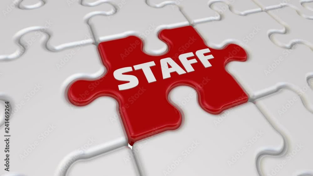 Staff. The inscription on the missing element of the puzzle. Folding white puzzles elements and one red with word STAFF. Footage video Staff. The inscription on the missing element of the puzzle. Folding white puzzles elements and one red with word STAFF. Footage video