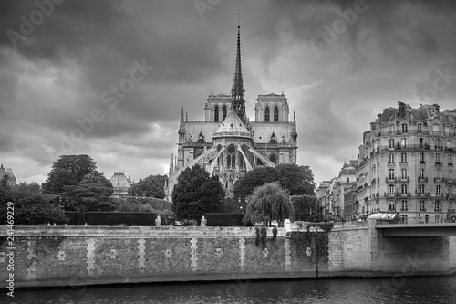 Notre Dame de Paris Cathedral (eastern facade) and river Seine in Paris (France, Europe)