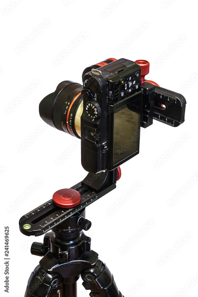 panoramic head for a tripod for the making of virtual tours and full seamless 360 degrees angle panoramas without parallax and distortion isolated on white background with mirrorless camera panoramic head for a tripod for the making of virtual tours and full seamless 360 degrees angle panoramas without parallax and distortion isolated on white background with mirrorless camera