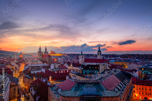 Photography Amazing cityscape view of Prague Castle and church of our Lady Tyn, Czech Republic during sunset time