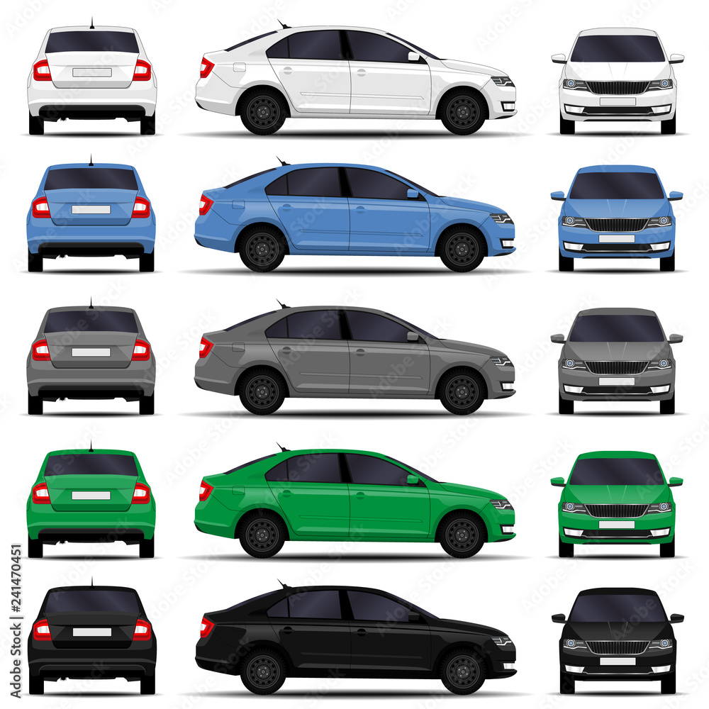 realistic cars set. sedan. front view; side view; back view. realistic cars set. sedan. front view; side view; back view.