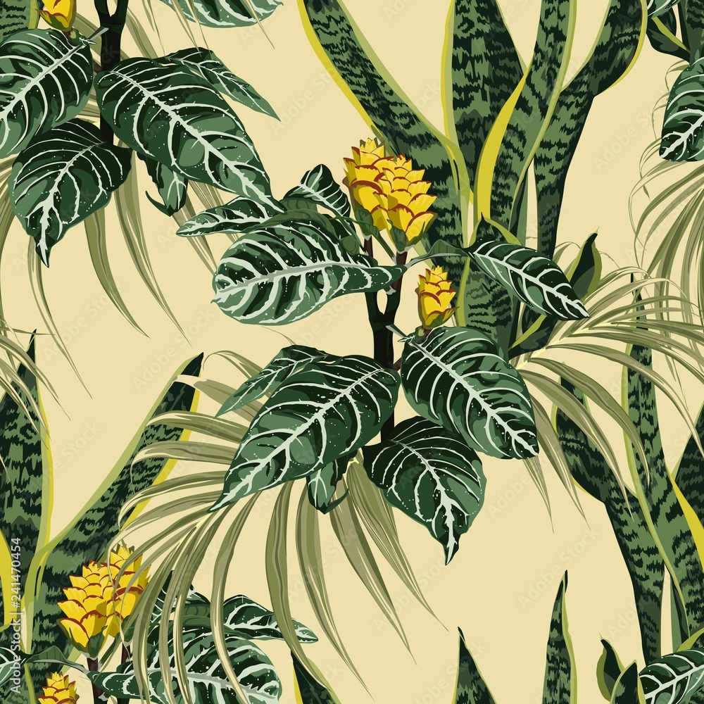 Seamless pattern with tropical leaves and exotic plant on a yellow background. 