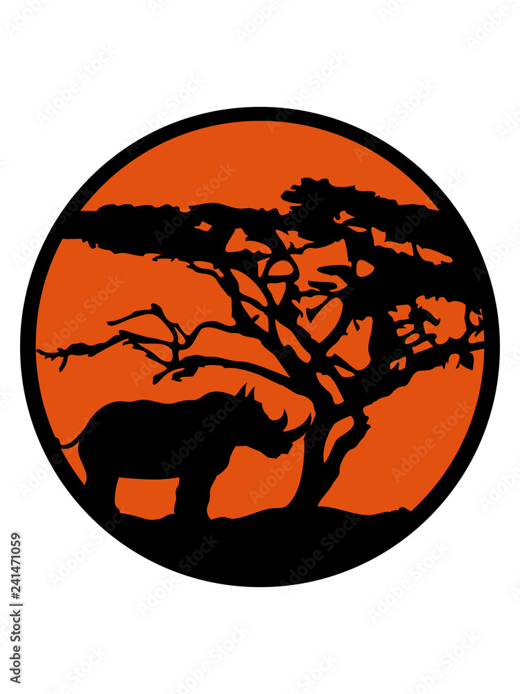 rund kreis sonne abend morgen aufgang untergang baum afrika savanne umriss silhouette dickhäuter nashorn horn rhino einhorn comic cartoon clipart logo design rund kreis sonne abend morgen aufgang untergang baum afrika savanne umriss silhouette dickhäuter nashorn horn rhino einhorn comic cartoon clipart logo design
