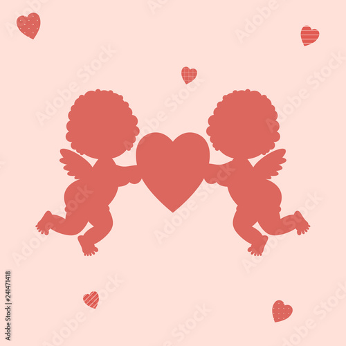 Valentine's day: cute little red silhouettes of boy and girl cupids hold a red heart on a pink background surrounded by original hearts with polka dots, stripes and checkered.Vector illustration