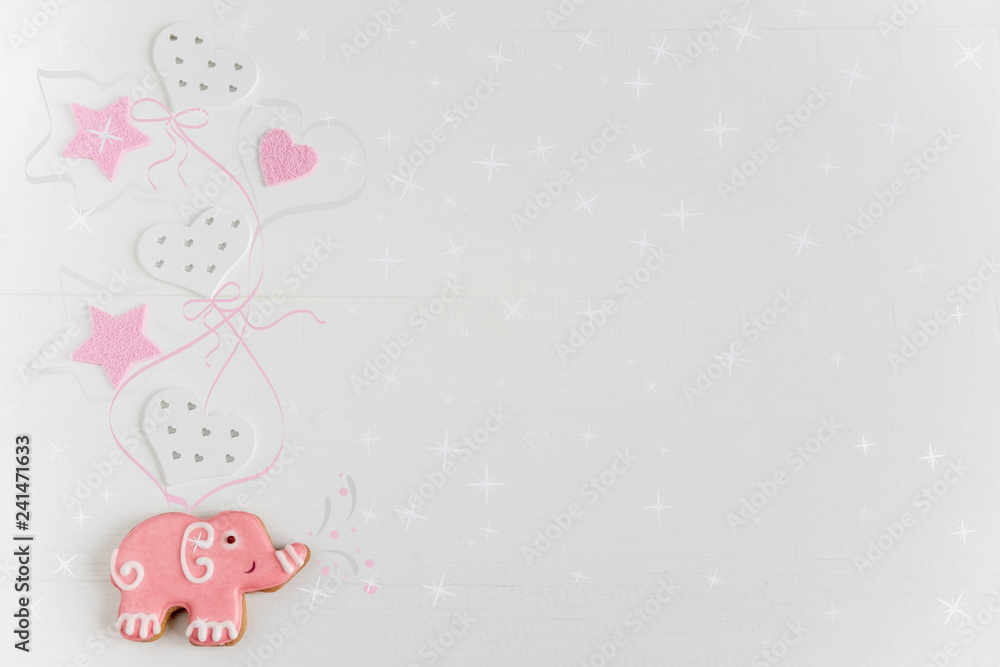 Photos of cars and elephants on a wooden background. Children banner. Frame for greeting card newborn girls. Blank for design childish banner with gingerbread.