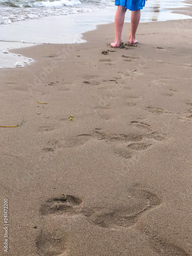 View of the sandy beach of the sea coast. Sunset sky, footprints in the sand, Durres, Albania © Irina Lav