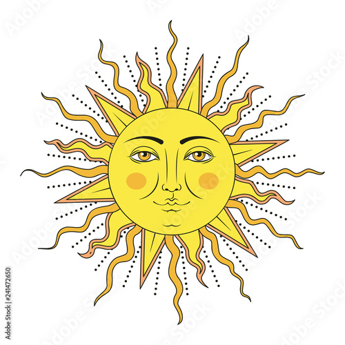 Colored sun with human face symbol. Vector illustration.