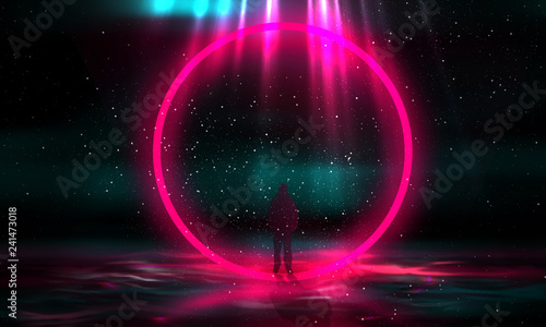 Abstract empty background with neon circle and sparks. Dark background of the scene with bright sparks, rays