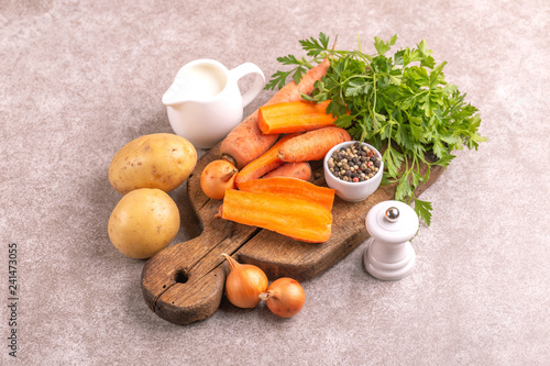 Fresh ingredients for tasty pureed carrot soup. Healthy food