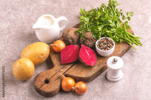 Fototapeta Naklejka Na Ścianę i Meble -  Fresh ingredients for tasty pureed beetroot soup. Healthy food