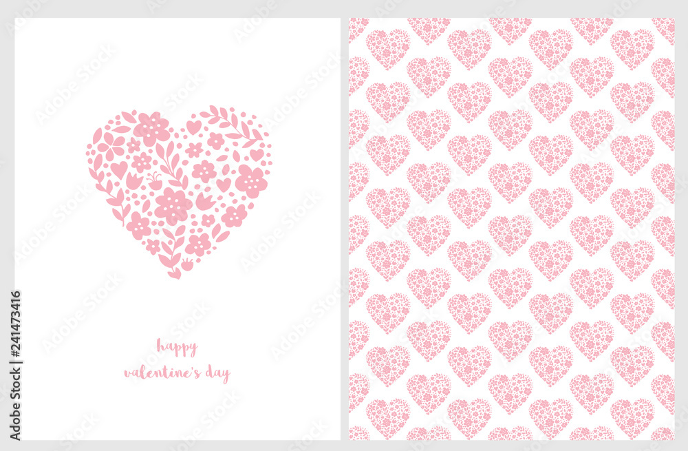 Happy Valentine's Day Vector Card. Adorable Pink Heart Made of Flowers, Dots and Twigs. White Background. Cute Infantile Style Design. White Hearts Vector Pattern.  Pink Background. Funny Rustic Art.