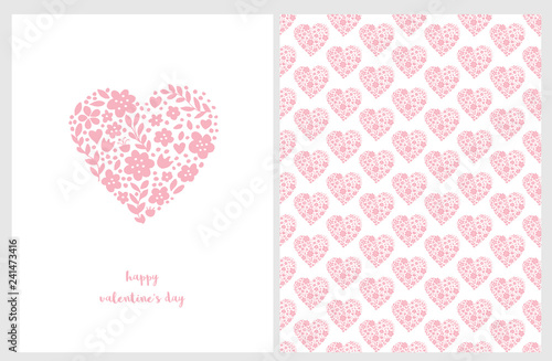 Happy Valentine's Day Vector Card. Adorable Pink Heart Made of Flowers, Dots and Twigs. White Background. Cute Infantile Style Design. White Hearts Vector Pattern. Pink Background. Funny Rustic Art.