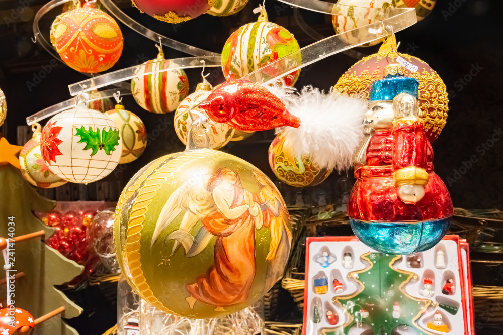 Beautiful colorful christmas decorations and balls in Wien Rathaus Market, Austria