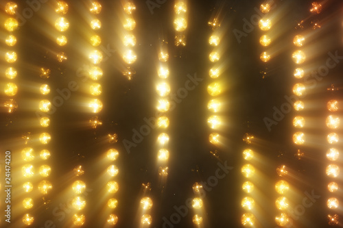 Colorful flashing of multicolored spotlights of light bulbs in texture from bottom to top with smoke. 3d illustration