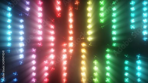 Colorful flashing of multicolored spotlights of light bulbs in texture from bottom to top with smoke. 3d illustration