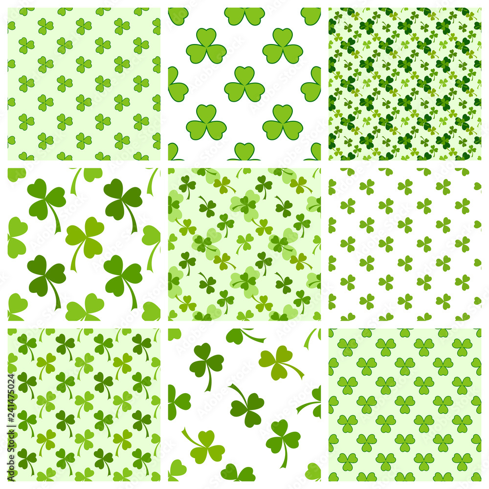 Green clover leaves seamless patterns set