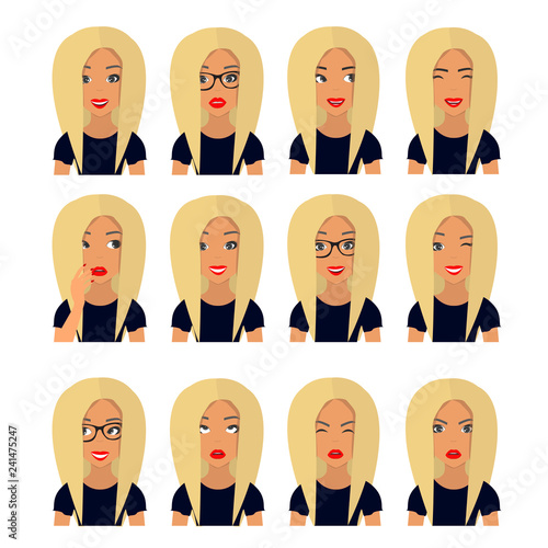 Woman with blond hair and emotions. Beautiful woman portrait with different facial expressions set, isolated on white background. User icons. Avatar Vector illustration