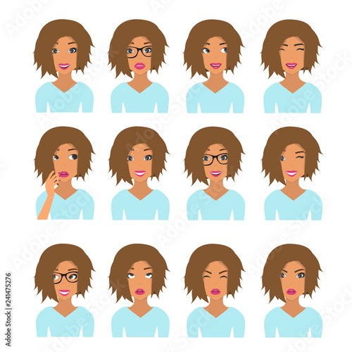 Woman with light brown hair and emotions. Beautiful woman portrait with different facial expressions set, isolated on white background. User icons. Avatar Vector illustration