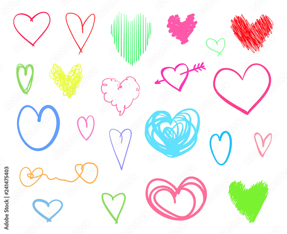 Colorful hearts on isolated white background. Hand drawn set of love signs. Unique abstract image for design. Line art creation. Colored illustration. Elements for poster or flyer