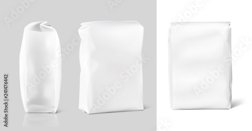 Bag with flat bottom mockup. Front, side and perspective view. Vector illustration. Easy to use for presentation your product, idea, promo, design. EPS
