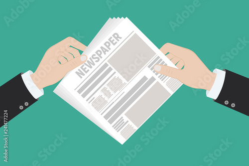 Hot latest news. Businessman hands holding magnifying glass over a newspaper with titles and photo. Top view. Vector illustration