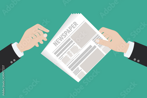 Hot latest news. Businessman hands holding magnifying glass over a newspaper with titles and photo. Top view. Vector illustration