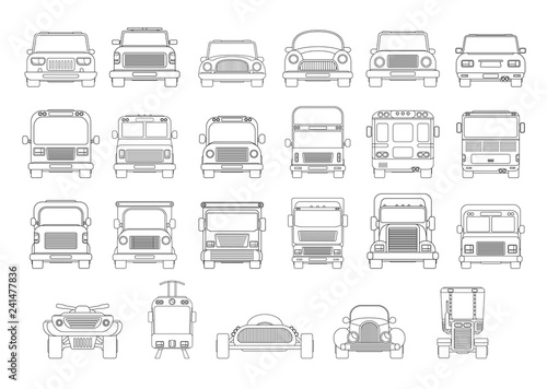 Set of different types of urban car. Front and back view vector illustration. Compact car, service tow pick up, SUV, modern and vintage vehicle. Linear style.