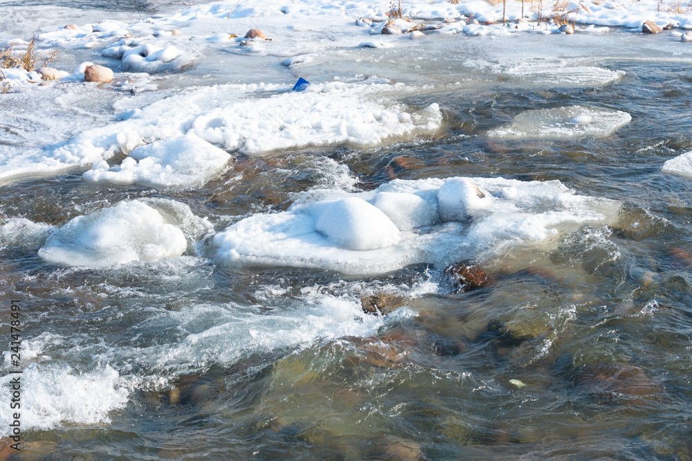A detailed look at the water runs under the ice in the river. Snow melts from the mountains and flows in the creek A detailed look at the water runs under the ice in the river. Snow melts from the mountains and flows in the creek