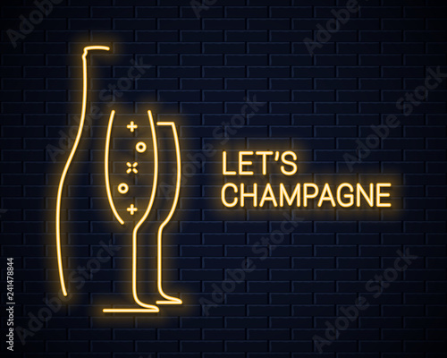 champagne bottle neon banner and champagne glass neon