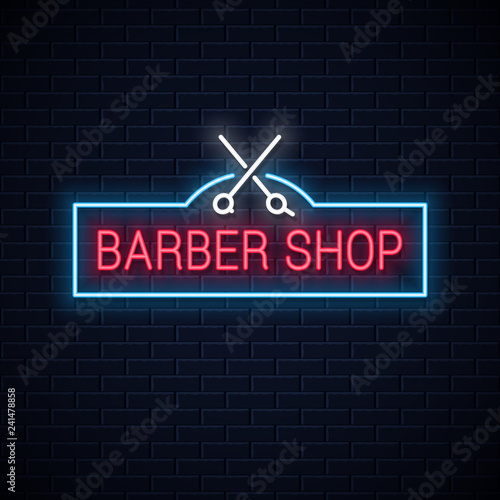 barber shop neon sign with barber scissors neon banner on wall background
