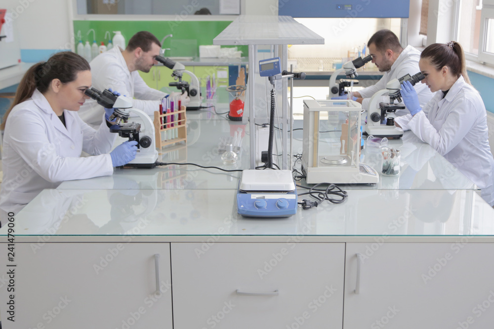 Obraz premium Group of young Laboratory scientists working at lab with test tu