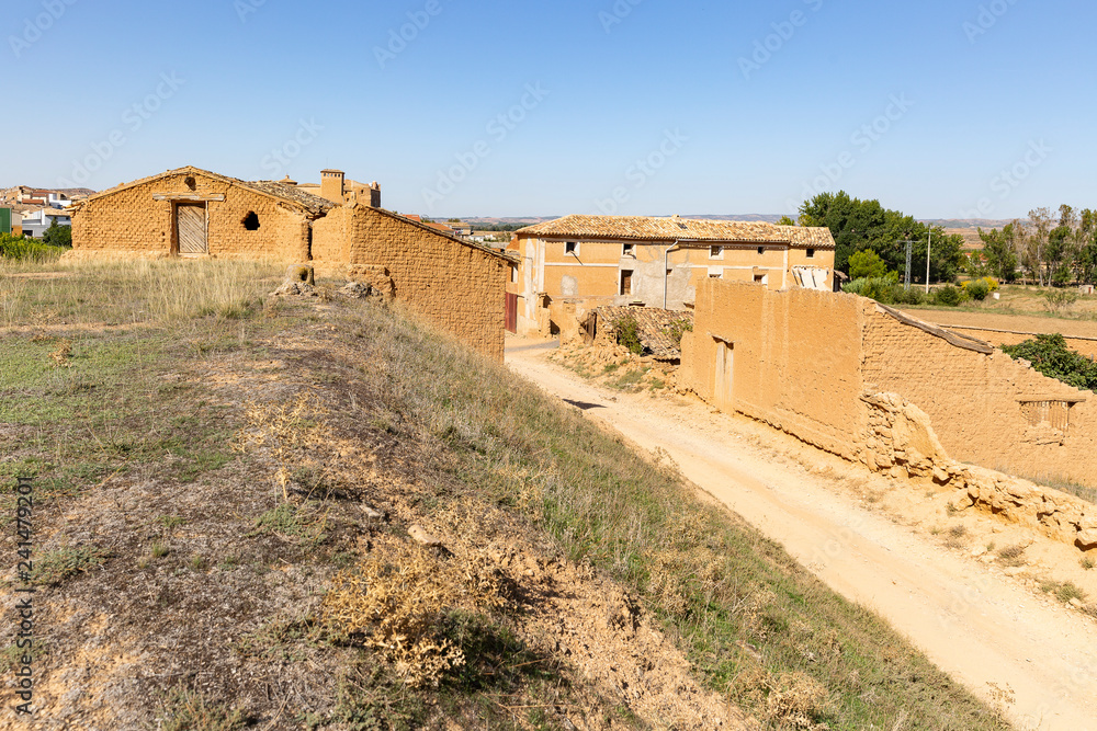 ruins of abandoned rustic houses made of clay - suburb of Cetina town, province of Zaragoza, Aragon, Spain