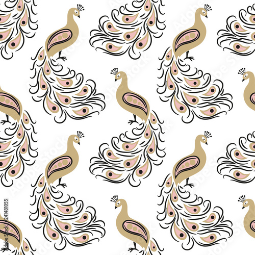 Seamless hand drawn golden peacock bird pattern