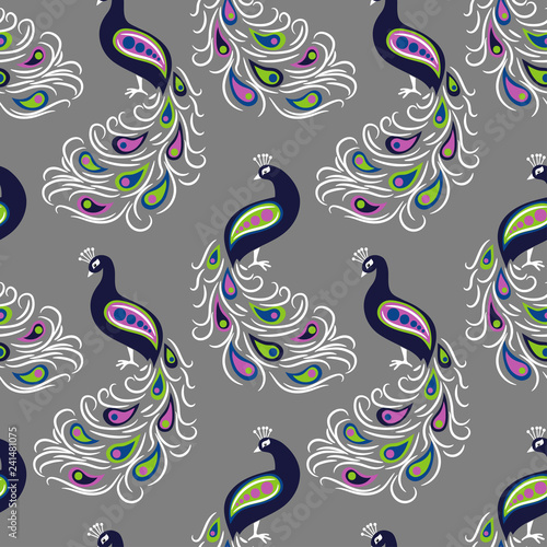 Seamless hand drawn peacock bird pattern.