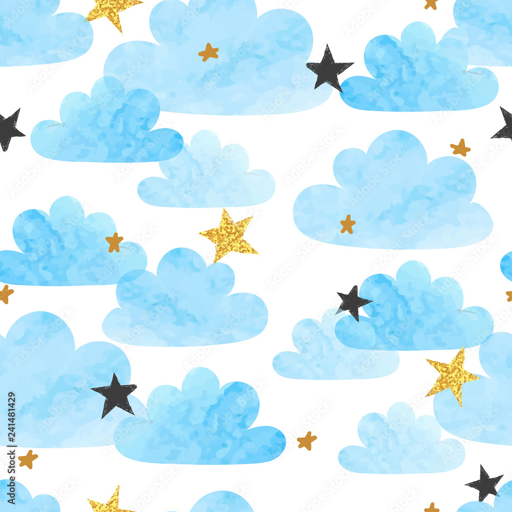 Seamless vector blue watercolor clouds and stars pattern.  - obrazy, fototapety, plakaty 