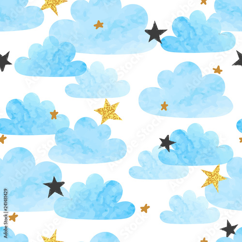 Seamless vector blue watercolor clouds and stars pattern. 
