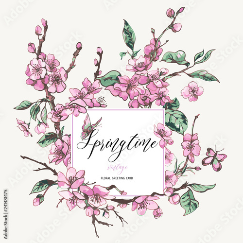 Watercolor spring greeting card vintage floral bouquet with pink blooming branches of cherry peach, pear, sakura, apple trees and butterflies, flower isolated botanical illustration