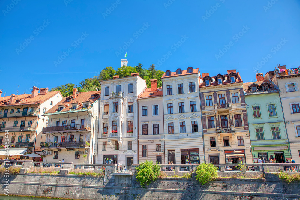 riverside with houses and hotels in Ljubljana