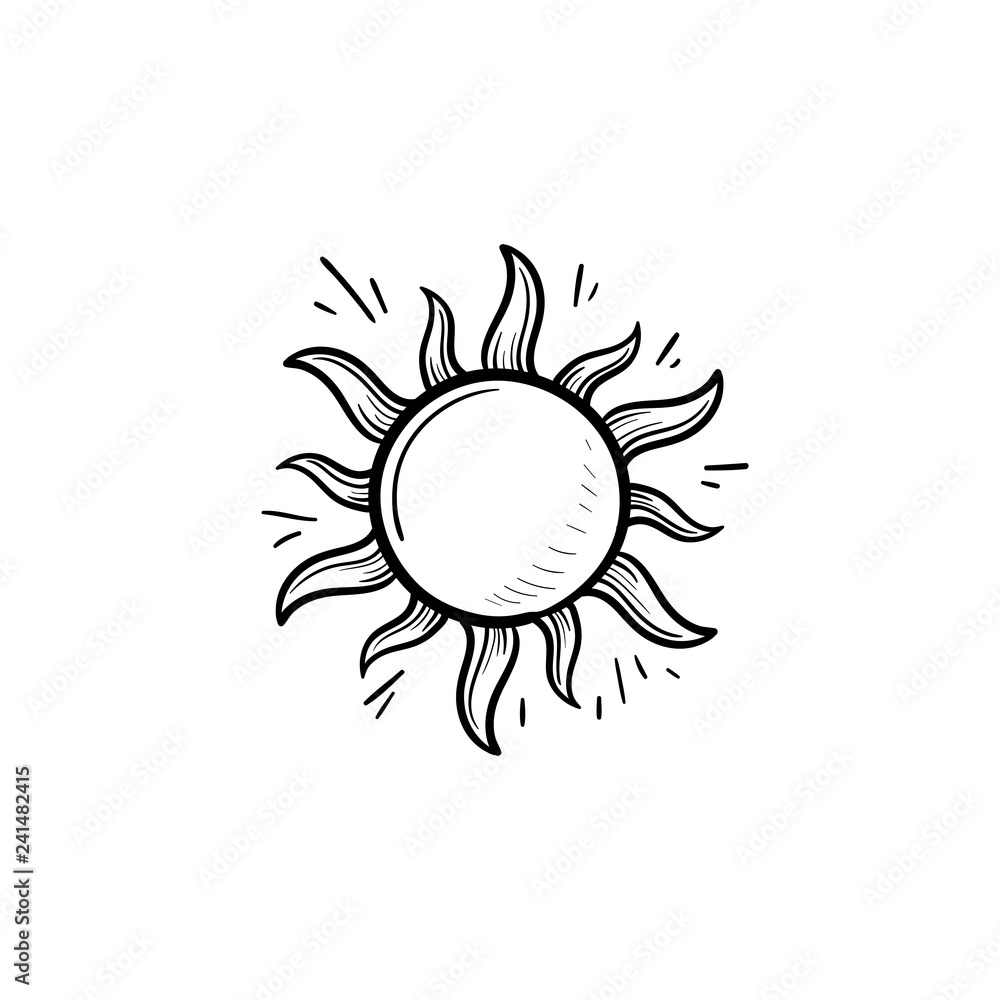 Shining sun hand drawn outline doodle icon. Summer weather and sunlight, heat and sunshine concept. Vector sketch illustration for print, web, mobile and infographics on white background. - obrazy, fototapety, plakaty 