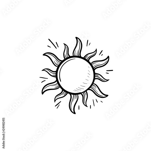 Shining sun hand drawn outline doodle icon. Summer weather and sunlight, heat and sunshine concept. Vector sketch illustration for print, web, mobile and infographics on white background.