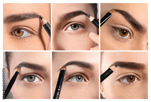 Set with different beautiful women correcting eyebrow shape, closeup. Professional makeup artist photo