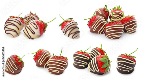 Set with chocolate covered strawberries on white background