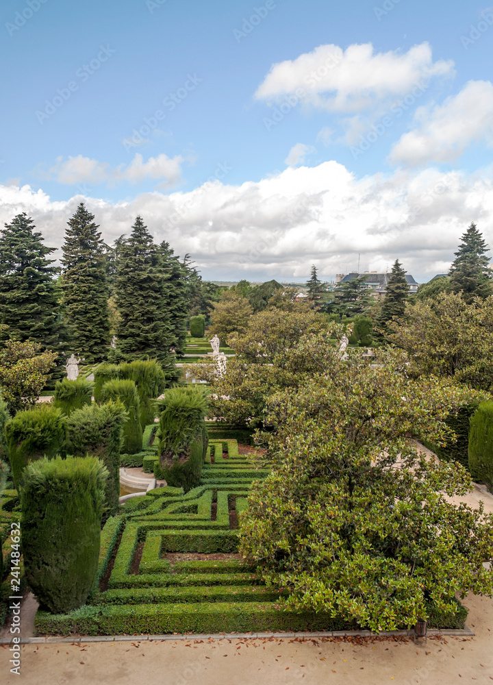 Gardens in the Royal Palace in Madrid in neoclassical style on a sunny day