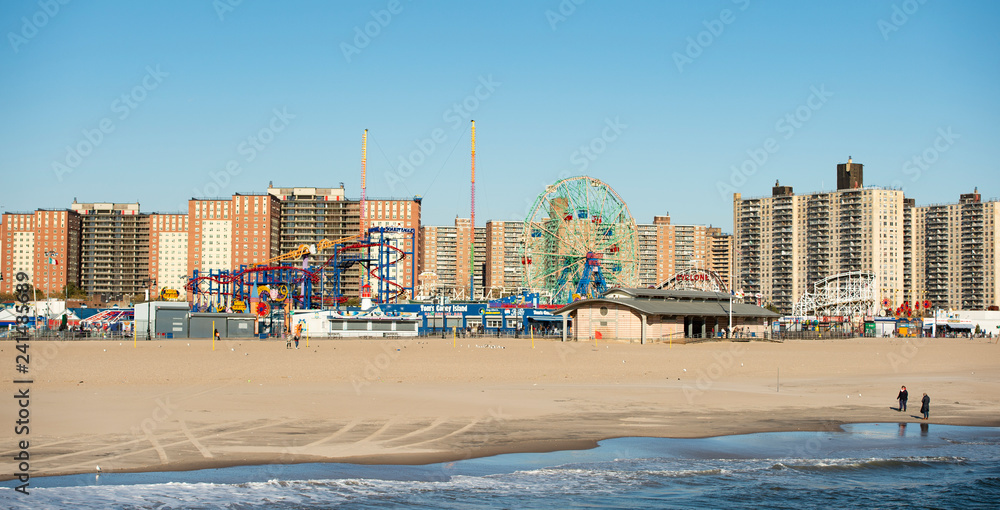 View of the famous Coney Island amusement park. Coney Island is a peninsular residential neighborhood, beach, and leisure/ entertainment destination of Long Island.